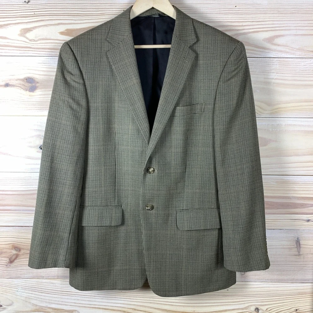 JoS A Bank Travelers‎ Blazer Men 41R 100% Wool Houndstooth Plaid Tan Sports Coat
